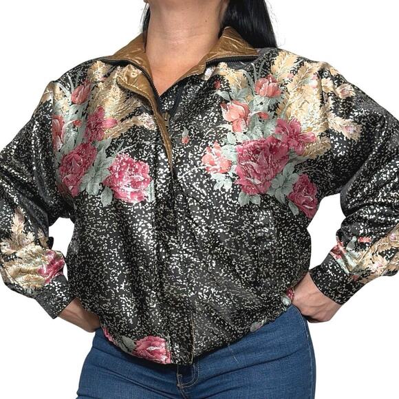 Unbranded Tops - Vintage Metallic Floral/Black GDT TOO Reversible 90s Bomber Jacket One Size